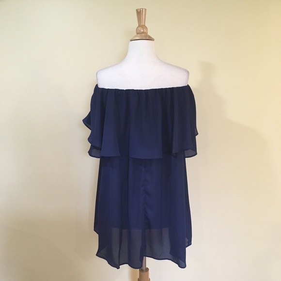 Off Shoulder Ruffled Overlay Tunic Blouse Navy - Picture 7 of 7